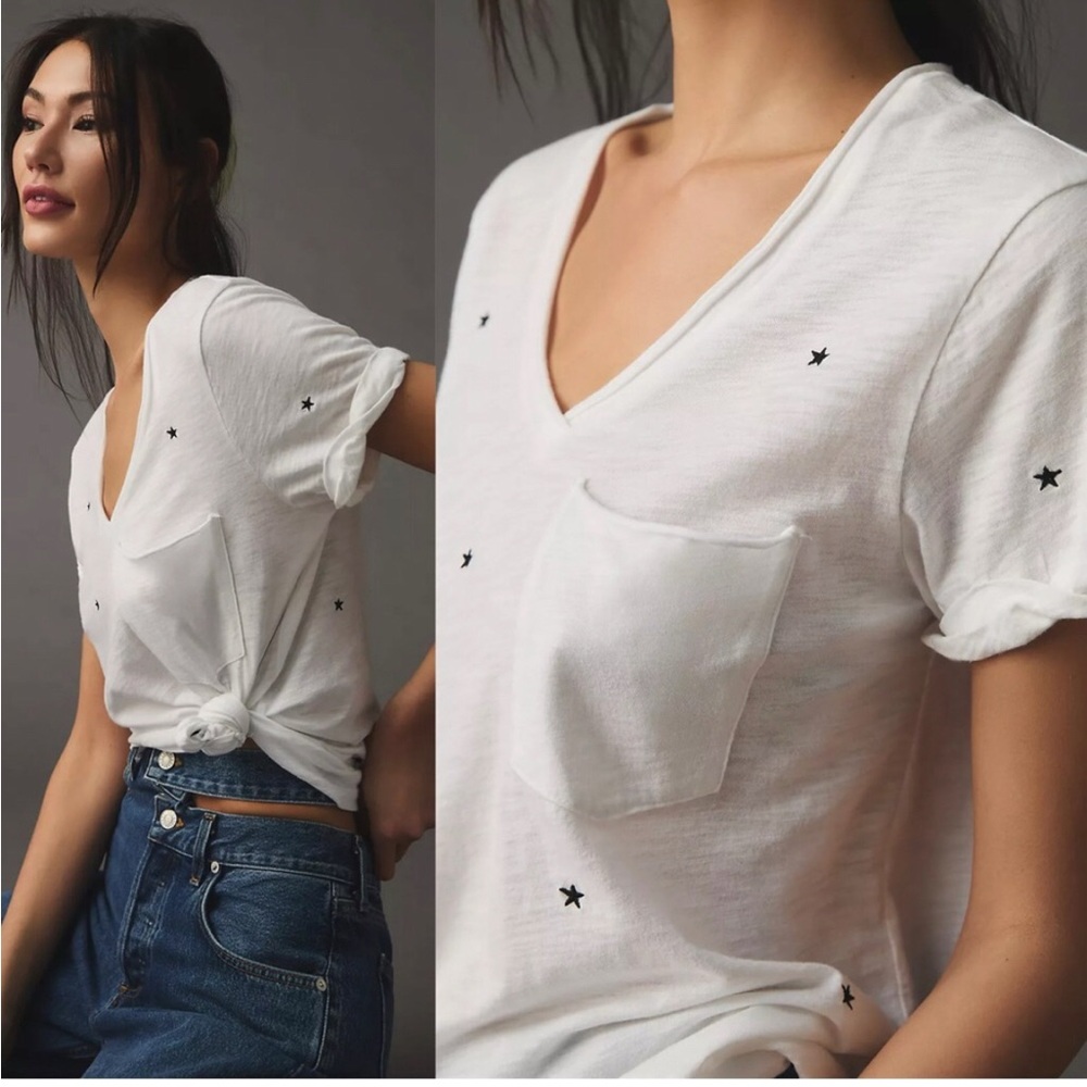Anthropologie T.La NWOT Classic V-Neck Star Embroidered Short Sleeve Pocket Tee